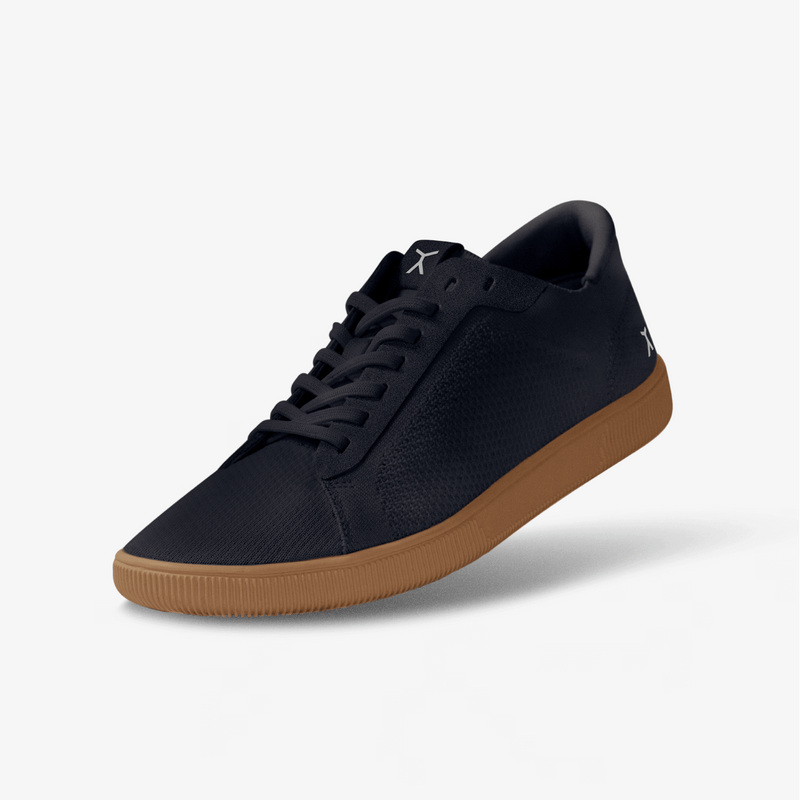 3/4 View: Black/Gum athleisure barefoot casual crossfit workout shoes 