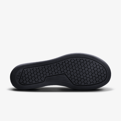 Outsole of all black high top workout fitness gym power lifting shoes with flux logo on heel and Graphene-Wear orange logo at collar. #color_graphene-black
