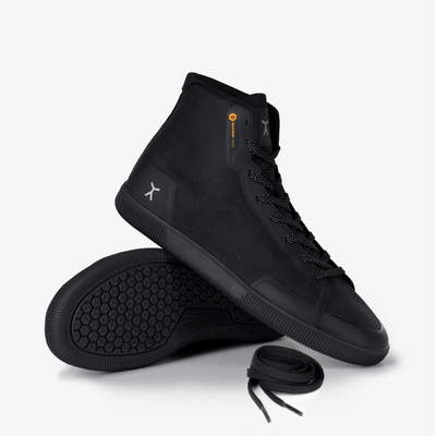 3/4 view of all black high top workout fitness gym power lifting shoes with flux logo on heel and Graphene-Wear orange logo at collar. #color_graphene-black