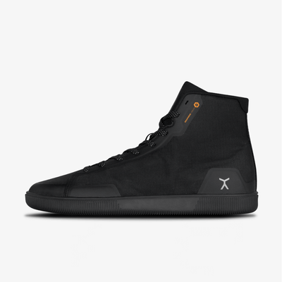 Lateral view of all black high top workout fitness gym power lifting shoes with flux logo on heel and Graphene-Wear orange logo at collar. #color_graphene-black