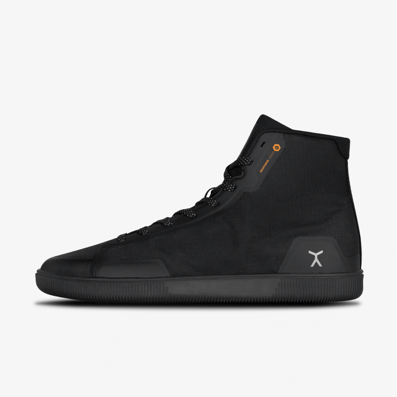 Lateral view of all black high top workout fitness gym power lifting shoes with flux logo on heel and Graphene-Wear orange logo at collar. 