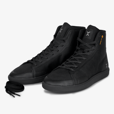 All black high top workout fitness gym power lifting shoes with flux logo on heel and Graphene-Wear orange logo at collar. #color_graphene-black