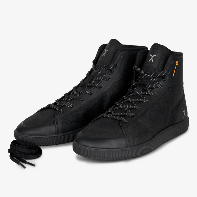 All black high top workout fitness gym power lifting shoes with flux logo on heel and Graphene-Wear orange logo at collar. 
