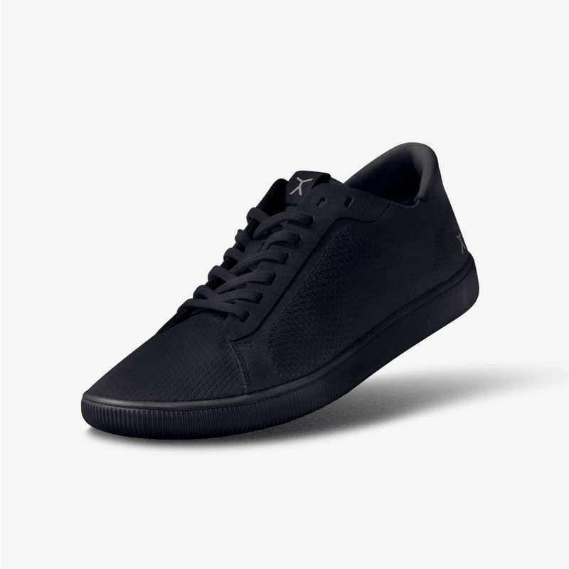 3/4 View: All black athleisure barefoot casual crossfit workout shoes 