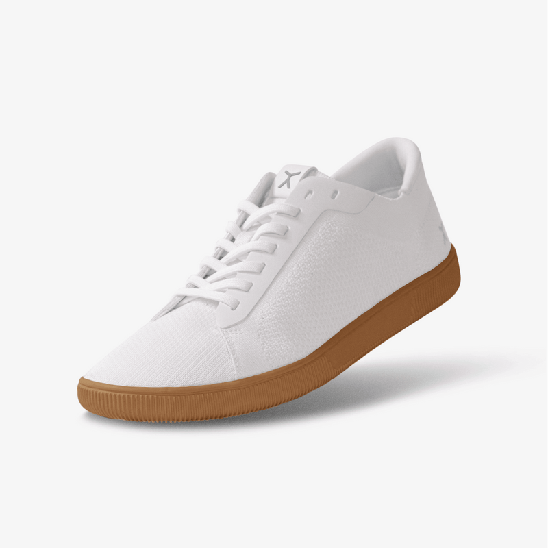 3/4 View: White/Gum rubber athleisure barefoot casual crossfit workout shoes 